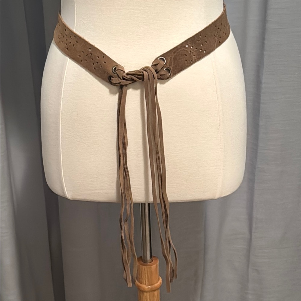 Brown Suede-like Belt with Fringe soft